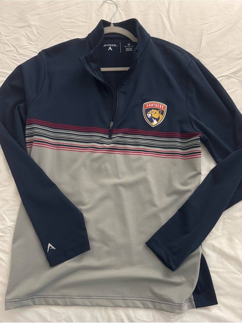 Antigua Navy and Gray Panthers Striped Quarter-Zip Pullover